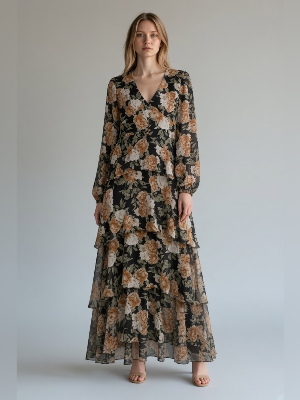 Floral Tiered Maxi Dress - Black with Tan & Cream Floral